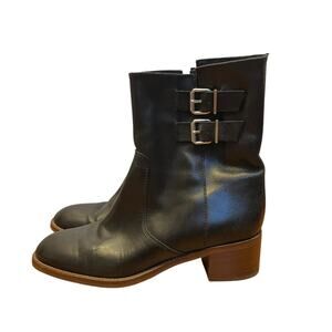 J.Crew Dean Black Leather Boots Silver Buckle Ankle Booties Mid Shaft Size 8.5